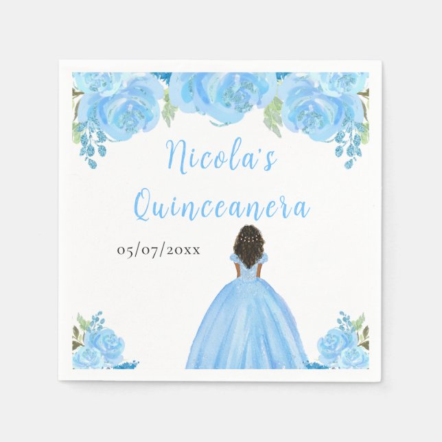 Servilleta De Papel Dark Skin Princess Blue Floral Quinceanera (Anverso)