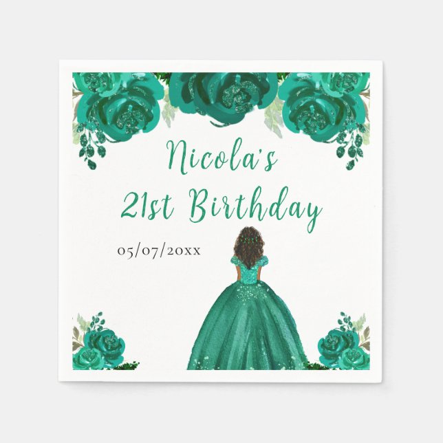 Servilleta De Papel Dark Skin Princess Green Floral Birthday Party (Anverso)