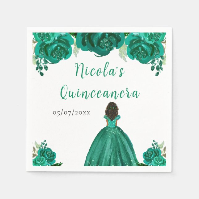 Servilleta De Papel Dark Skin Princess Green Floral Quinceanera (Anverso)