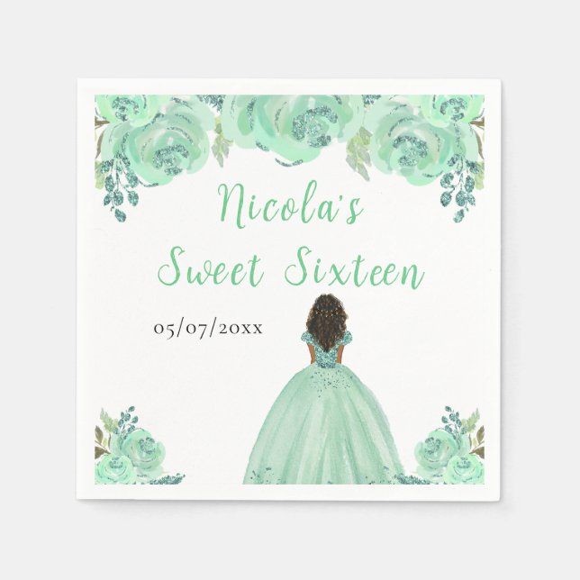 Servilleta De Papel Dark Skin Princess Mint Floral Sweet Sixteen (Anverso)