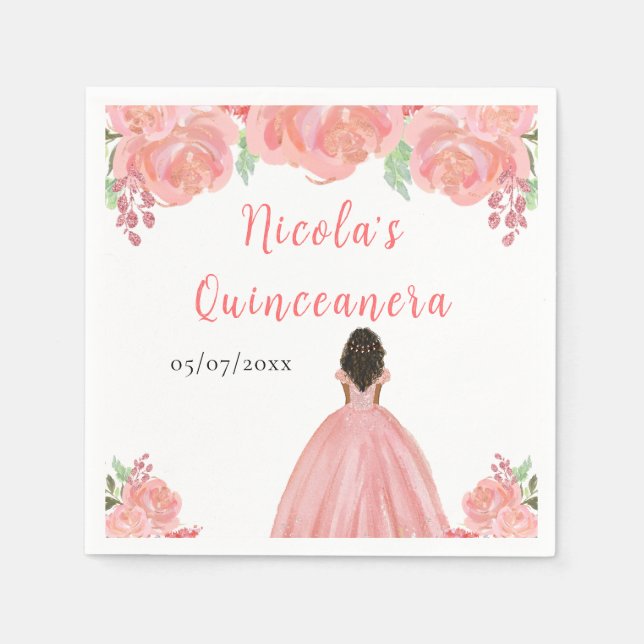 Servilleta De Papel Dark Skin Princess Pink Floral Quinceanera (Anverso)
