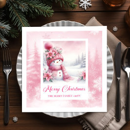 Servilleta De Papel Darling Pink Snowman Winter Scene Christmas Napkin