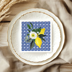 Servilleta de papel de baldosas azules con limones