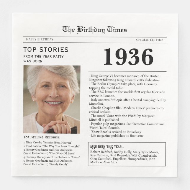 Servilleta De Papel De Cena 1936 Newspaper Birthday Paper Napkin (Anverso)