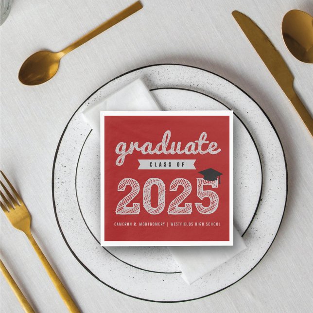 Servilleta De Papel De Cena 2025 Audaz Esbozo Texto Rojo Partido de Graduación (2025 Bold Gold Sketch Text On Red Modern Graduation Party Paper Napkins @ fatfatin)