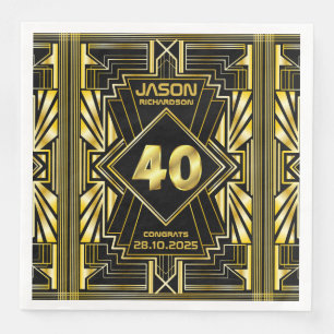 Servilleta De Papel De Cena 40 cumpleaños Art Deco Oro Gran Gatsby Negro