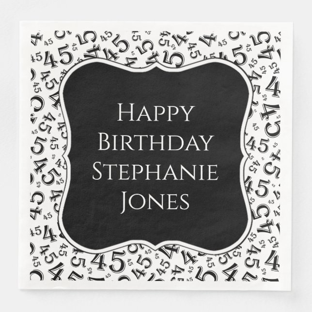 Servilleta De Papel De Cena 45.º Nacimiento Patrón de números blanco/negro 45 (Anverso)