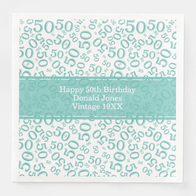 Servilleta De Papel De Cena 50.ª Edad de Cumpleaños Patrón Verde azulado/Libro (Anverso)