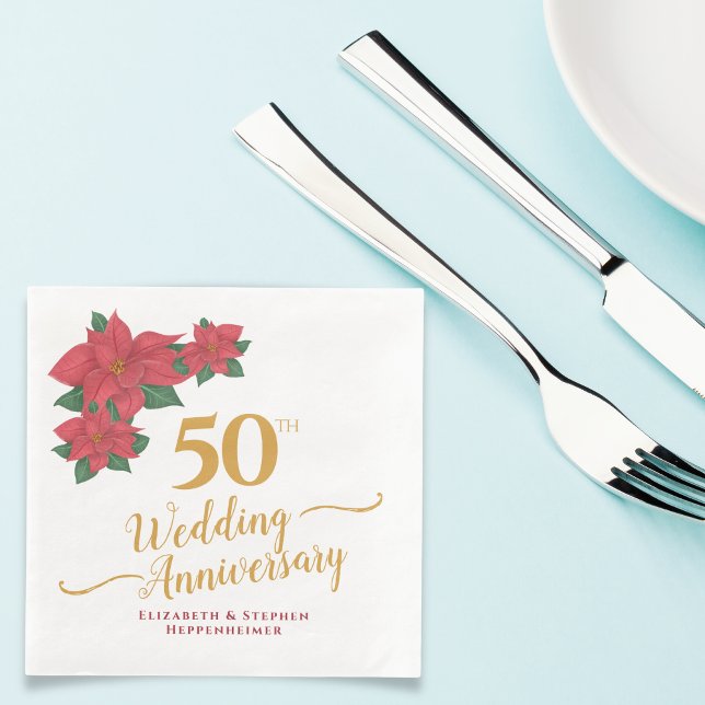 Servilleta De Papel De Cena 50.º aniversario Boda acuarela Poinsettia Roja (50th Wedding Anniversary Watercolor Red Poinsettia Paper Dinner Napkins)