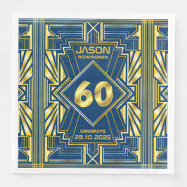 Servilleta De Papel De Cena 60.º cumpleaños Art Deco Oro Azul Gran Gatsby