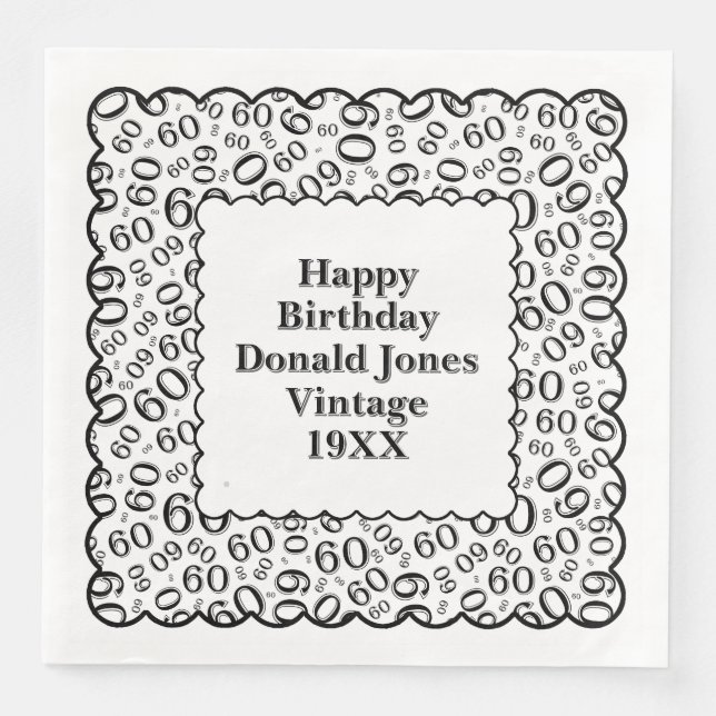 Servilleta De Papel De Cena 60.º patrón de número de cumpleaños Vieiras Negro/ (Anverso)