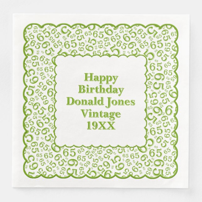 Servilleta De Papel De Cena 65º patrón de número de cumpleaños Vieiras Verde/B (Anverso)
