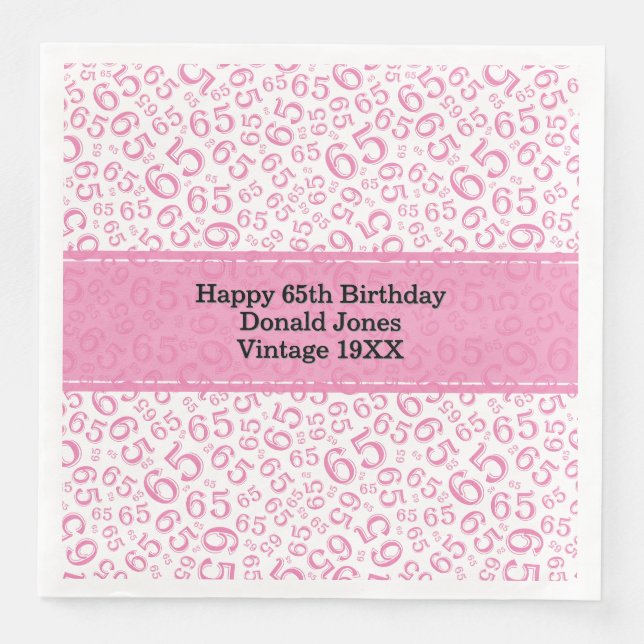 Servilleta De Papel De Cena 65.ª Edad Nacida Patrón Rosa/Blanco (Anverso)