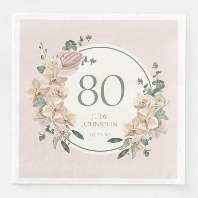 Servilleta De Papel De Cena 80.º cumpleaños de la floral tropical (Anverso)