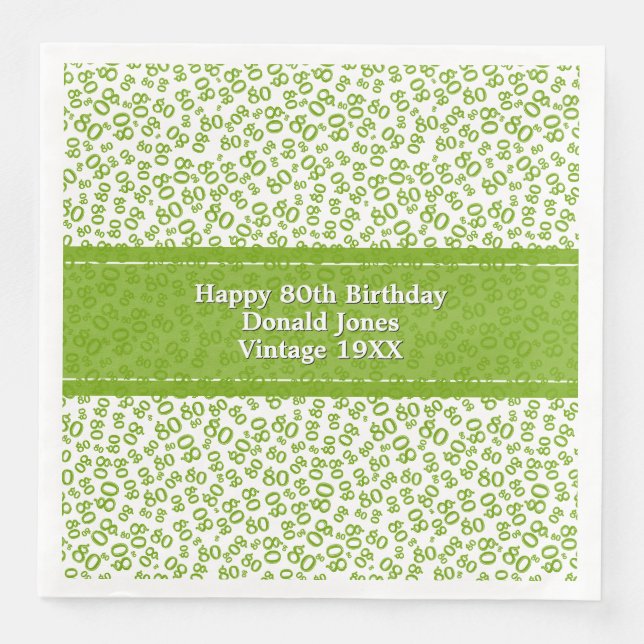 Servilleta De Papel De Cena 80.º cumpleaños Patrón de números modernos Verde/B (Anverso)