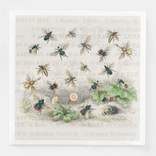 Servilleta De Papel De Cena Abeja Rey Abeja Miel Entomología Botánica Vintage