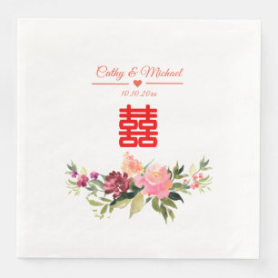 Servilleta De Papel De Cena Acuarela de flores doble felicidad boda china