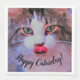 Servilleta De Papel De Cena Adorable Gato Lindo con Lengua Rosa Lamiendo Labio