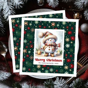 Servilleta De Papel De Cena Adorable muñeco de nieve de Navidad con copos de n