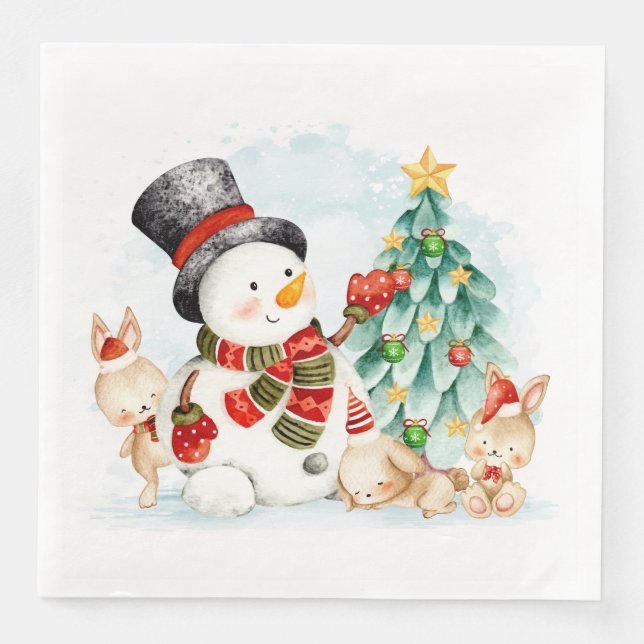 Servilleta De Papel De Cena Adorables Navidades Snowman Bunnies And Tree (Anverso)