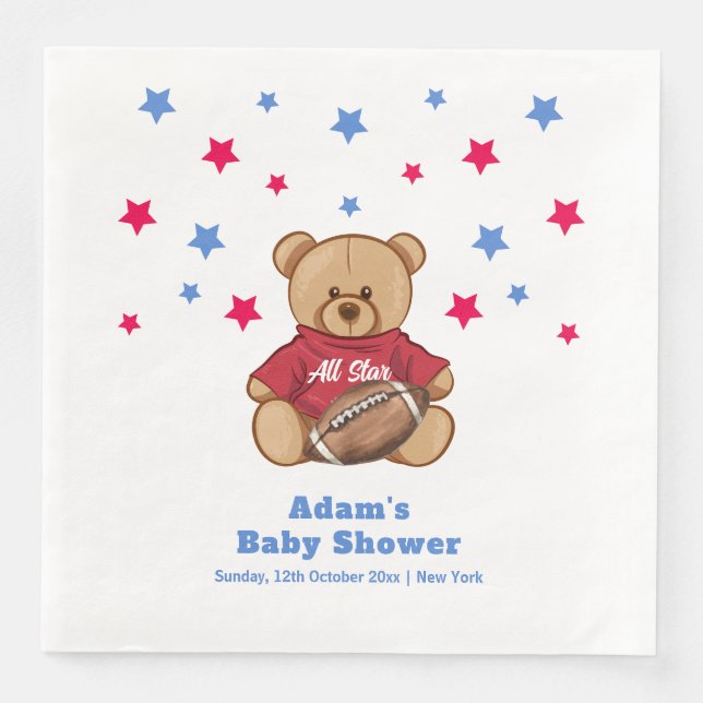 Servilleta De Papel De Cena All Star Teddy Bear Football Sport Baby Shower  (Anverso)