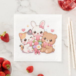 Servilleta De Papel De Cena Amigos Animales Kawaii Corazones y Flores Serville