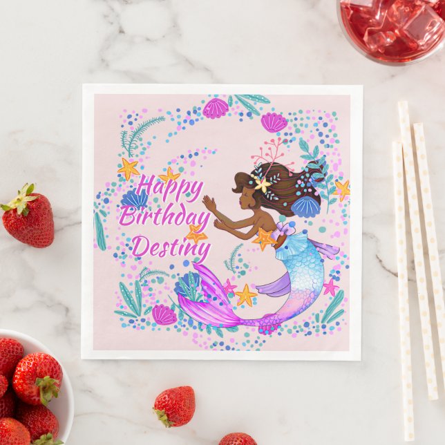 Servilleta De Papel De Cena Añadir nombre de texto Mermaid Pink Mauve Aqua Fie (In situ)