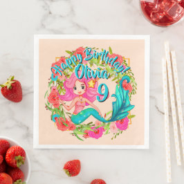 Servilleta De Papel De Cena Añadir nombre edad Pink Mermaid Blue Tail Birday P