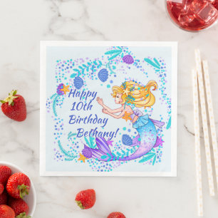 Servilleta De Papel De Cena Añadir nombre texto de la sirena dorsal azul malv