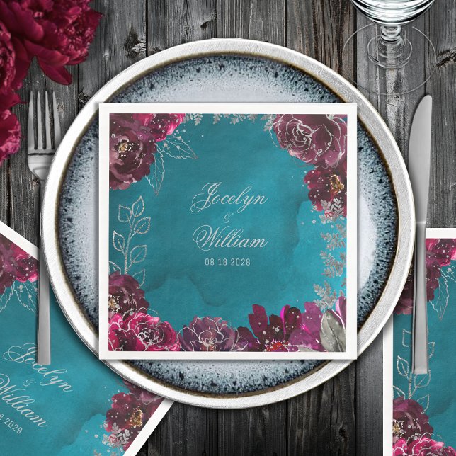 Servilleta De Papel De Cena Aqua Verde azulada Merlot Jewel Tone Boda (Aqua Teal Merlot Jewel Tone Wedding Square Paper Dinner Napkin)