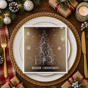 Servilleta De Papel De Cena Árbol de Navidad Brillo y Copos de Nieve   Dorado
