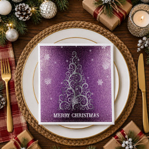 Servilleta De Papel De Cena Árbol de Navidad Brillo y Copos de Nieve   Magenta