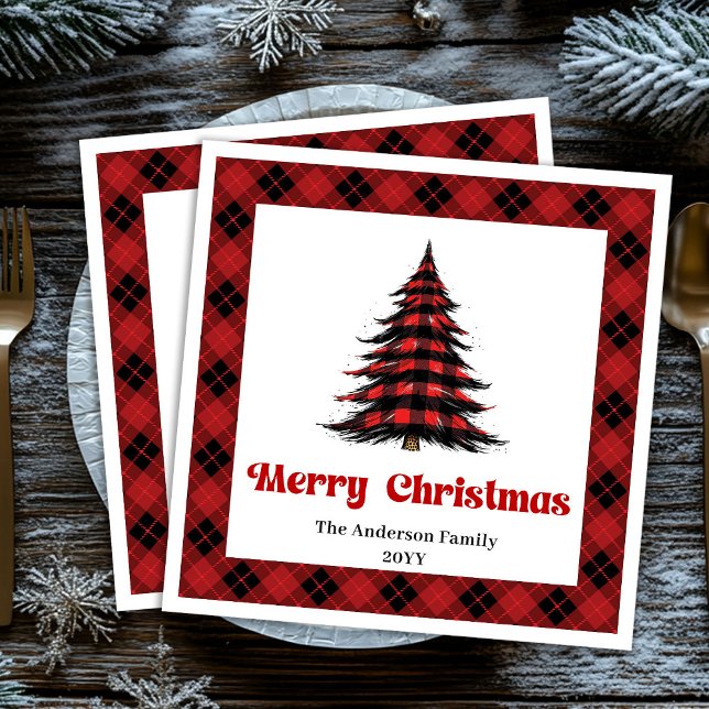 Servilleta De Papel De Cena Árbol de Navidad Servilletas Editable Búfalo Rústi (Rustic Buffalo Christmas Tree Napkin Editable)