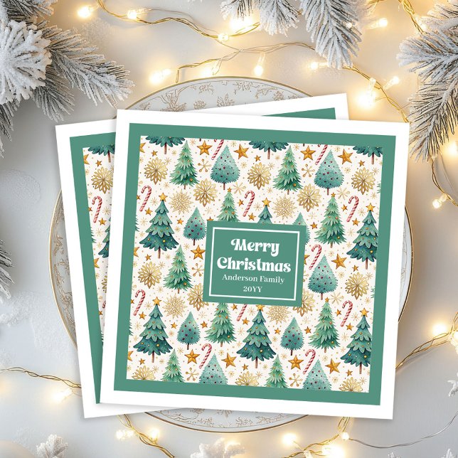 Servilleta De Papel De Cena Árboles de Navidad Acogedores Servilletas Rústicas (Cozy Christmas Trees Rustic Red Green Gold Napkins)