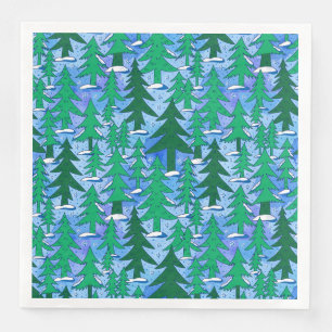 Servilleta De Papel De Cena Arte Naíf Bosque de Abetos Invernal Verde Azul