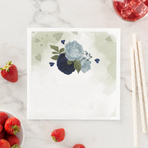 Servilleta De Papel De Cena azul polvoriento y flores de azul marino verde