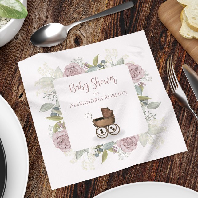 Servilleta De Papel De Cena Baby Shower floral rosa personalizado (Baby Shower custom watercolor pink baby carriage and floral napkin.)