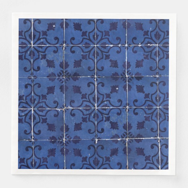 Servilleta De Papel De Cena Baldosas portuguesas - Diseño Azulejo Floral Azul (Anverso)