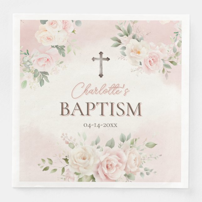 Servilleta De Papel De Cena Baptismo personalizado rosas rosadas (Anverso)