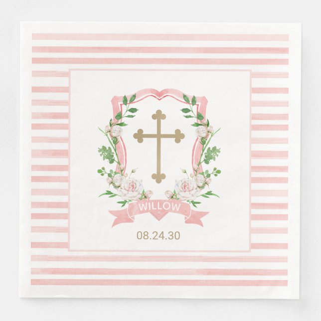 Servilleta De Papel De Cena Bautizo Floral Rosado (Anverso)