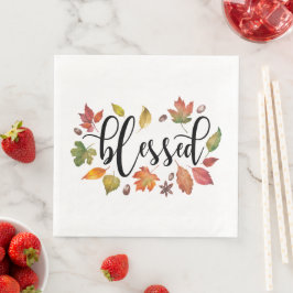 Servilleta De Papel De Cena Bendecidos En Caligrafía Negra Y Hojas De Otoño