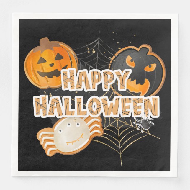 SERVILLETA DE PAPEL DE CENA BLACK ORANGE HAPPY HALLOWEEN COOKIES (Anverso)