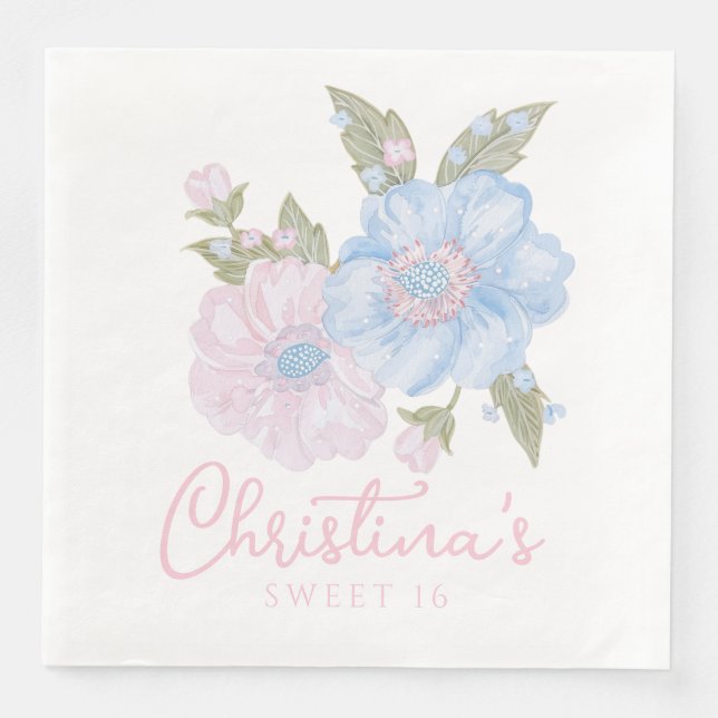 Servilleta De Papel De Cena Blue and Pink Grandmillennial Floral Sweet 16 (Anverso)