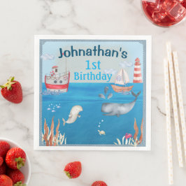 Servilleta De Papel De Cena Boats and Under Sea Watercolor Boy Cumpleaños