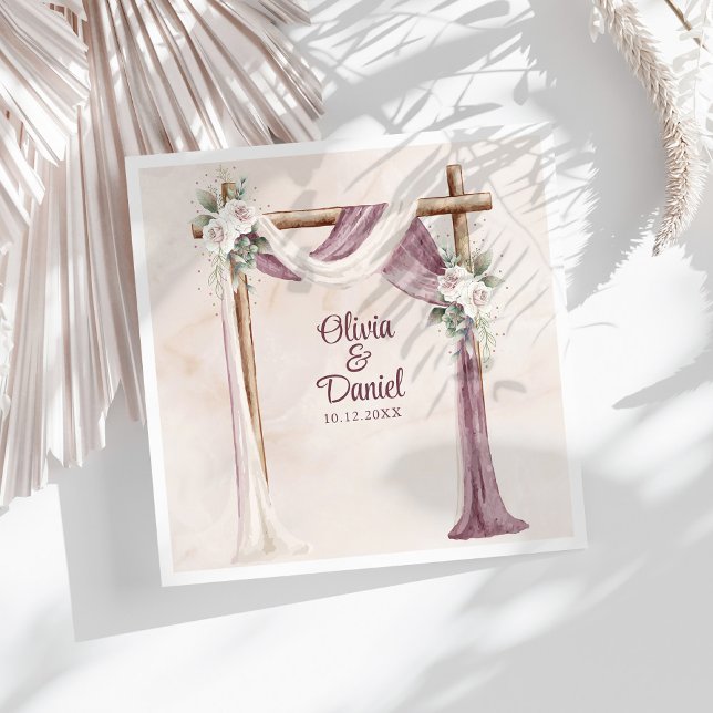 Servilleta De Papel De Cena Boda Boho Purple Floral Canopy (Boho Purple Floral Canopy Wedding Paper Dinner Napkins on a sunny white table.)