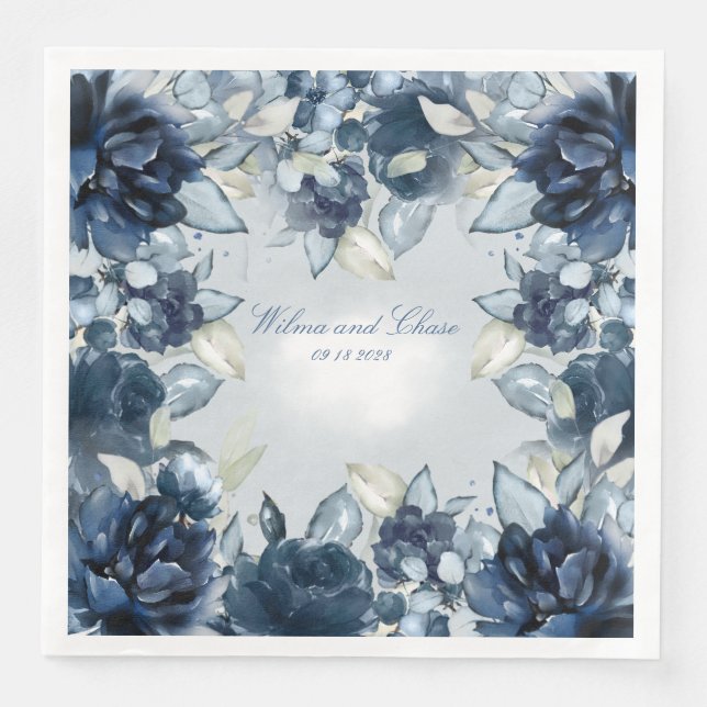 Servilleta De Papel De Cena Boda Cascading Navy Peonies (Anverso)