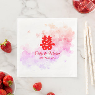 Servilleta De Papel De Cena Boda china agua roja acuarela flor de cerezo