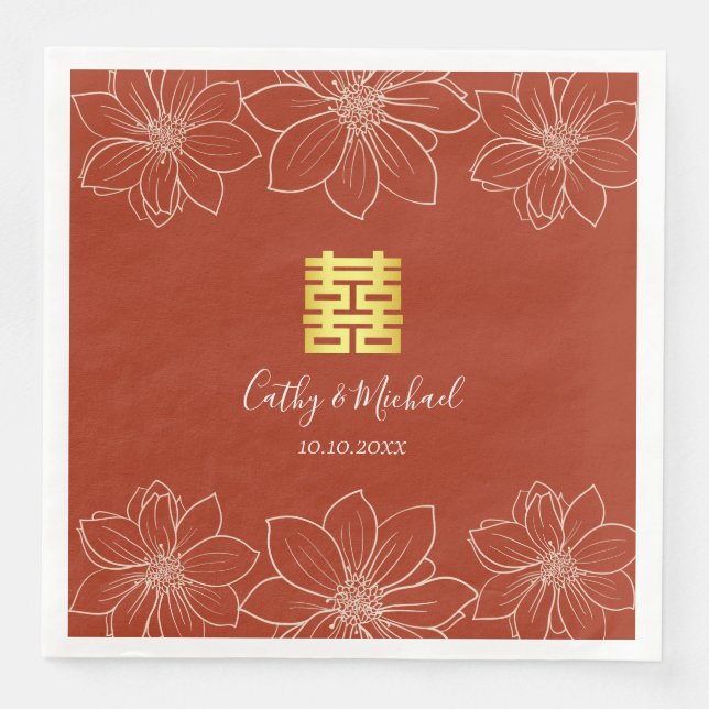 Servilleta De Papel De Cena Boda china floral roja moderna boho (Anverso)