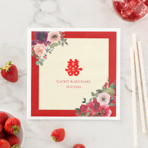 Servilleta De Papel De Cena Boda china jardín floral rojo doble felicidad