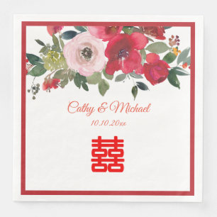 Servilleta De Papel De Cena Boda china moderna floral acuarela rosa rojo
